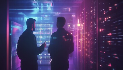 two technicians discuss data center server issues.