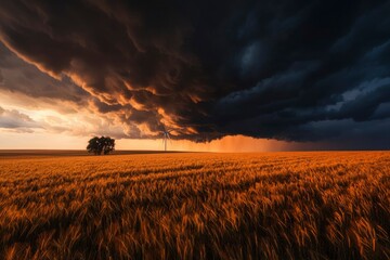 Wall Mural - golden wheat field under dramatic sunset storm clouds