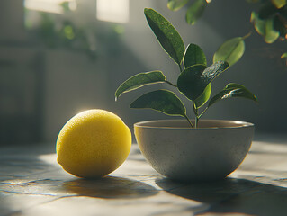 Poster - Lemon & Plant in Sunlight, Kitchen Table