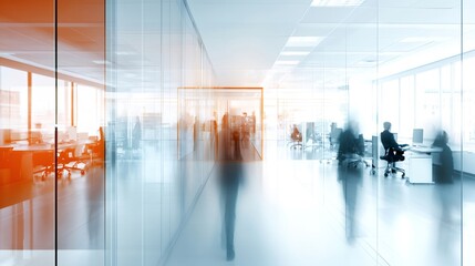 Aufkleber - Blurred business people walking through a modern office corridor lined with glass walls and desks, creating an energetic and bustling atmosphere of collaboration and productivity