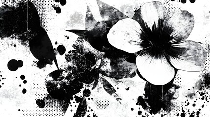 Aufkleber - black and white abstract floral image with grunge textures ink blots paint splashes and a modern contemporary design  This striking monochrome background has a dramatic moody and expressive feel