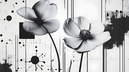 Aufkleber - black and white floral image featuring delicate monochromatic flower petals with dramatic expressive ink splatter accents  The minimalist modern design creates a serene