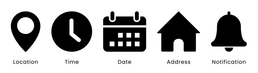time, date, and address icon set. event calendar reminder clock business schedule signs, location pi