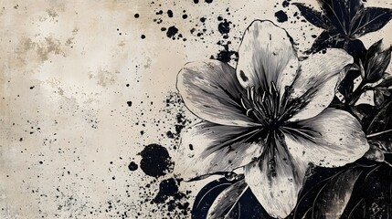 Aufkleber - black and white floral photograph with a moody atmospheric and grunge inspired paint splash and textured background  This conceptual and minimalist floral image has a vintage