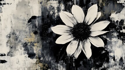 Poster - Captivating monochrome floral bloom taking center stage amidst a moody textured backdrop  The delicate petals and serene ethereal presence create a contemplative solitary atmosphere