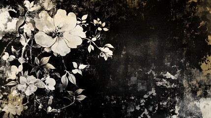 Poster - Captivating monochrome floral composition with delicate blooms and petals set against a grungy textured backdrop creating a mysterious and evocative atmosphere