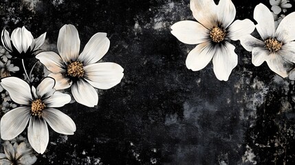 Poster - Captivating monochrome image of delicate white floral blossoms against a serene atmospheric natural background  The elegant ethereal flowers create a minimalist tranquil and soothing aesthetic