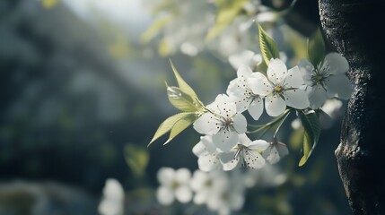 Wall Mural - Close-up shot showcasing the delicate beauty of white blossoms on a branch, against a blurred backdrop