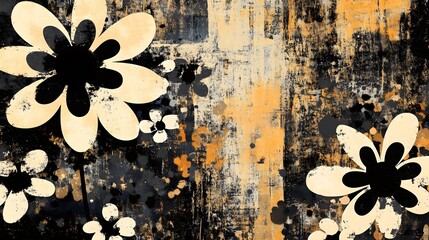 Aufkleber - Dramatic abstract floral composition with bold black and white flowers and vibrant splashes of color on a grungy textured wall backdrop  and contemporary digital with a moody dreamlike aesthetic