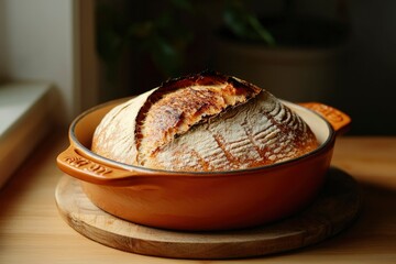 Wall Mural - Golden Crusty Bread Loaf In Orange Baking Dish