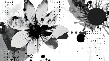 Aufkleber - Dramatic black and white abstract floral composition with bold ink splatters fluid brush strokes and minimal geometric shapes  Moody atmospheric and contemporary design