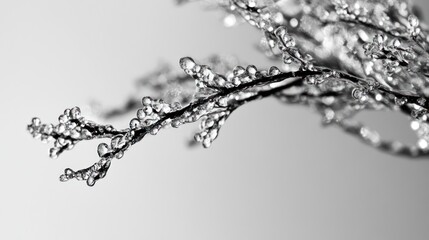 Icy tree branch, winter scene, frost, background blur, nature photography