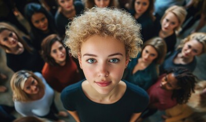 Wall Mural - young woman with short, curly blonde hair in crowd