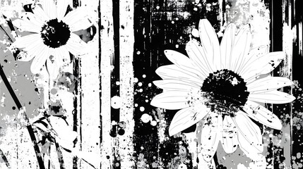 Aufkleber - Dramatic black and white floral image with splatter paint effects grunge textures and a moody ethereal atmosphere  The composition features an abstract