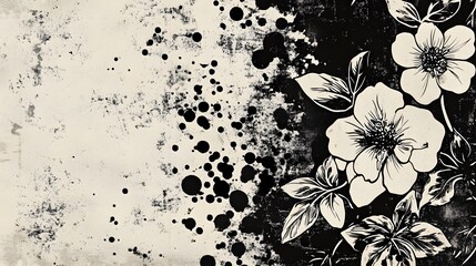Poster - Dramatic monochrome floral sketch with abstract grunge texture and splatter elements creating an elegant sophisticated and contemporary design