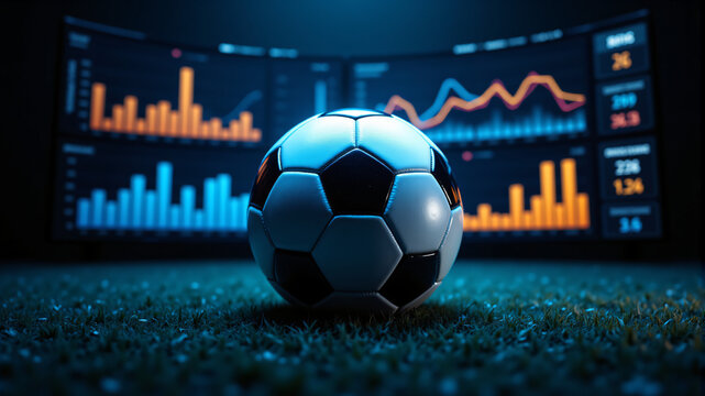 A soccer ball in front of colorful data graphs, showcasing sports analytics and statistics.