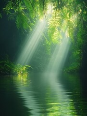 Wall Mural - sunlight filtering through tree branches over water