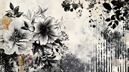 Aufkleber - Elegant floral painting with vintage moody splash textures and atmospheric organic botanical motifs  Dark muted color palette with a delicate fragrant