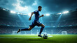 © PRODPLEUM DESIGN - A skilled soccer player in a blue jersey sprints across the vibrant green field.