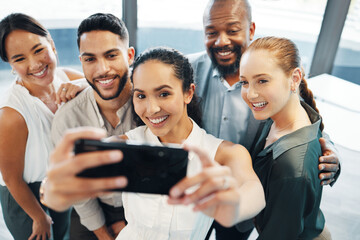 Poster - Selfie, meeting and group of friends, office and smile for collaboration, celebration and corporate. Happy, photography and people with profile picture for success, teamwork and creative in company