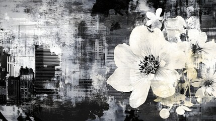 Aufkleber - Ethereal Floral Silhouette Against Dramatic Urban Skyline   Monochrome Nature and City Landscape Composition with Contrasting Textures Moods and Emotions