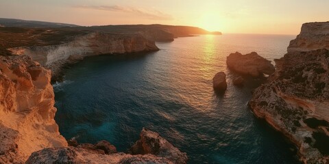 Wall Mural - Sunset near cliffs by water