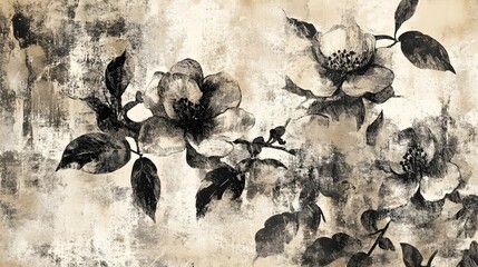 Aufkleber - Exquisite Monochrome Floral Artwork with Captivating Texture and Vintage Charm   A visually striking and aesthetically pleasing design featuring a beautiful arrangement of delicate