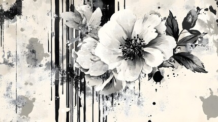 Aufkleber - Exquisite Monochrome Floral Artwork with Ethereal Botanical Brushstrokes   Stunning black and white painting or featuring delicate flowers and leaves with a touch