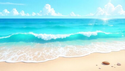 Wall Mural - Serene Coastal Escape: A mesmerizing view of a pristine sandy beach stretching out towards a vast expanse of cerulean water. The gentle waves roll towards the shore.