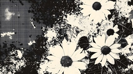 Poster - Monochrome Beauty   Delicate Daisies Blooming in Natural Setting  Serene and Tranquil Floral Landscape in Black and White  Calming Nature Photography