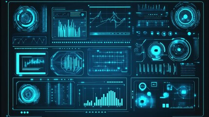 Futuristic digital dashboard displaying data analytics, graphs, and charts on a dark background for tech presentations