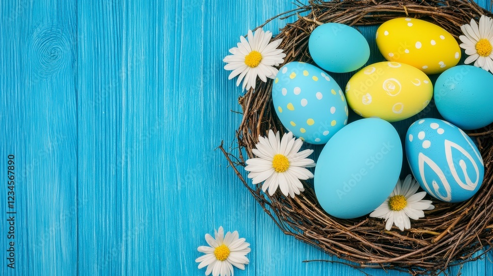 Colorful Easter Eggs in a Nest Surrounded by Daisies on Blue Surface ...
