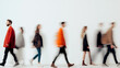© graphic_titan - Abstract motion blur of diverse people walking in a row in a white backdrop, symbolizing urban life and movement in a fast-paced world