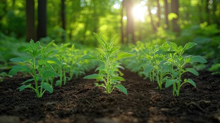 Wall Mural - Young plants in rows, forest backdrop, sunlight.  Possible use Nature education