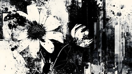 Aufkleber - Striking monochromatic floral abstract with a captivating grunge texture and vintage inspired aesthetic  This visually striking image blends organic botanicals with a contemporary emotive style