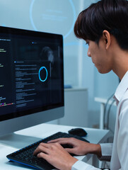 focused young asian man software developer working on computer, typing on keyboard writing code on d