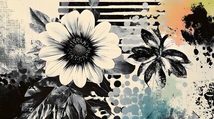 Aufkleber - Striking monochrome floral with a blend of brush strokes ink splatters and a textured grunge inspired backdrop creating a visually compelling and modern design
