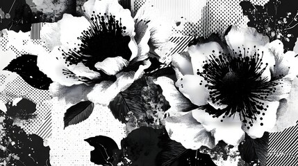 Aufkleber - Stunning monochrome floral image featuring delicate lush blooms with a dramatic contrast and intricate organic patterns  The black and white aesthetic creates a timeless
