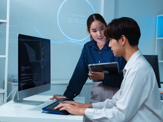 asian two software developer working on computer in office, planning and collaboration on their proj