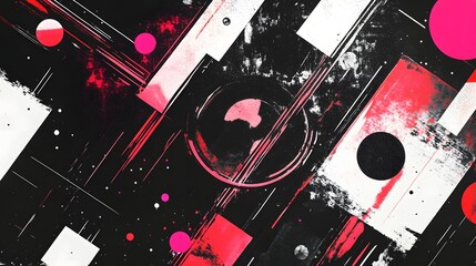 Poster - Vibrant Abstract Geometric Shapes and Splashes of Color in Dramatic Monochrome Composition  Bold Dynamic and Visually Striking Design with Overlapping Patterns Textures and Contrasting Tones