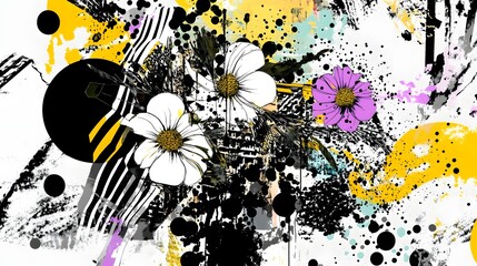 Aufkleber - Vibrant floral explosion of bold colorful strokes and dynamic splashes in a captivating abstract digital painting  Featuring a striking contrast of organic and geometric elements
