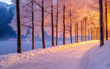 Wall Mural - A snowy winter pathway lined with frost-covered trees, illuminated by the soft light of a rising sun. The scene is tranquil and serene, capturing the quiet beauty of winter 