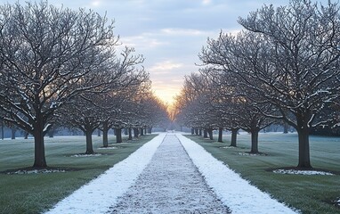 Wall Mural - A snowy winter pathway lined with frost-covered trees, illuminated by the soft light of a rising sun. The scene is tranquil and serene, capturing the quiet beauty of winter 