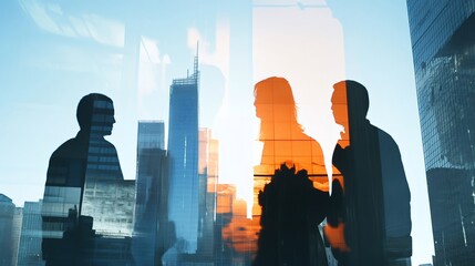 Poster - Silhouetted business people are having a discussion in a modern office with a stunning cityscape view reflecting on the glass window, creating a dynamic and ambitious atmosphere