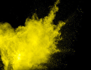 Wall Mural - yellow explosion of powdery dust is blowing out of a black background. the yellow color of the dust 