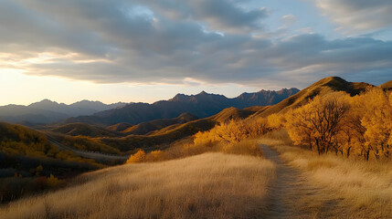 Wall Mural - Autumnal mountain path at sunset, golden grasses, scenic background. Ideal for travel brochures