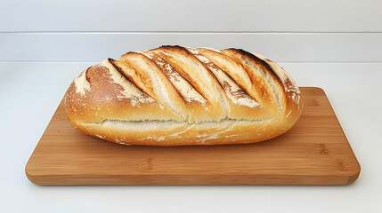 Wall Mural - Crusty loaf bread on wooden board, kitchen background, perfect for baking blogs