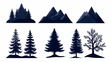Dark silhouettes of trees and mountains; nature icons for websites or presentations