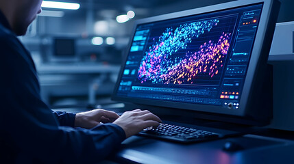 Data analyst working late at night on complex network visualization