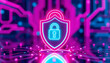 © Muhammad Hridoy - Cybersecurity shield icon, glowing neon blue and pink, digital circuit background, holographic display, futuristic padlock symbol, data protection concept, abstract tech illustration, vibrant colors,